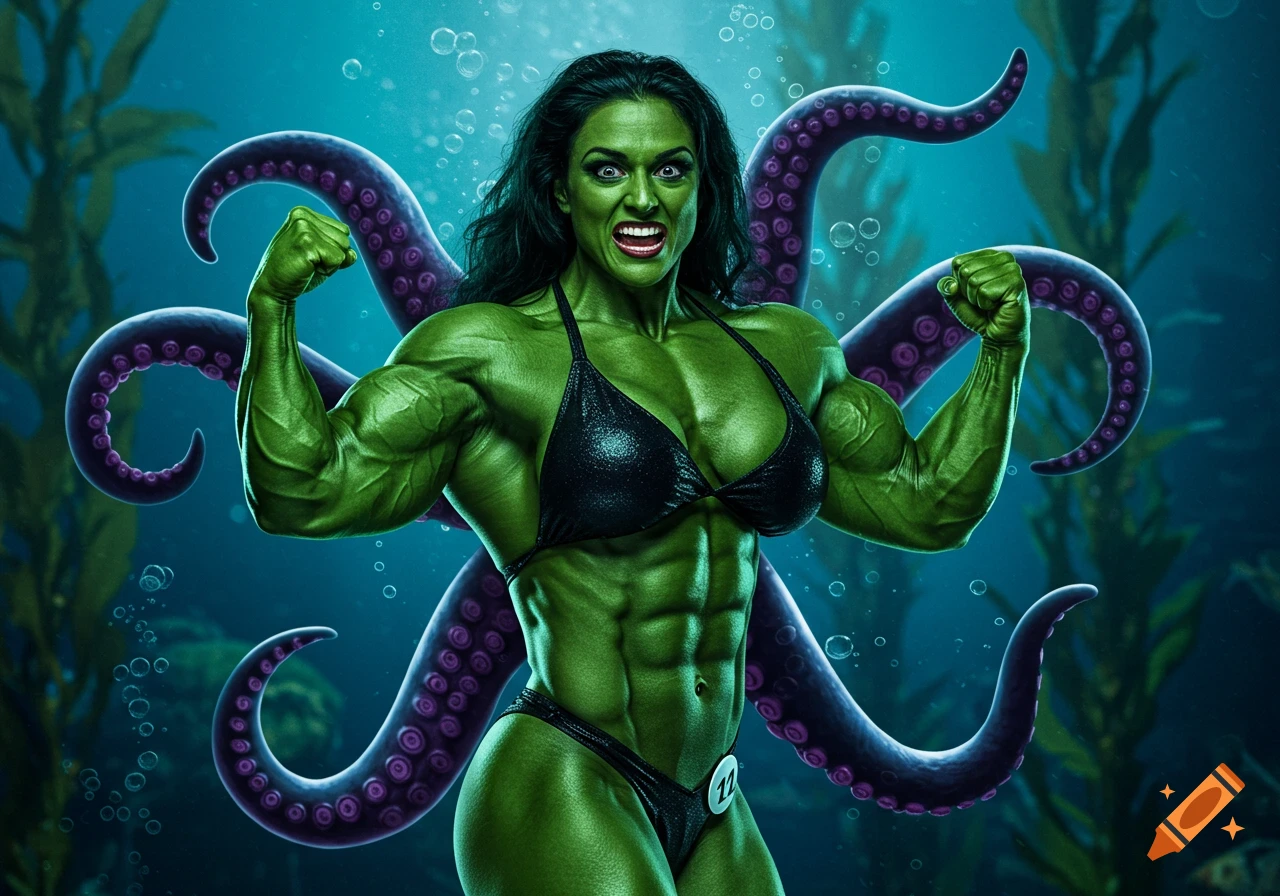 Green muscular female bodybuilder with octopus tentacles flexes underwater amidst kelp and bubbles, resembling She-Hulk and Ursula.