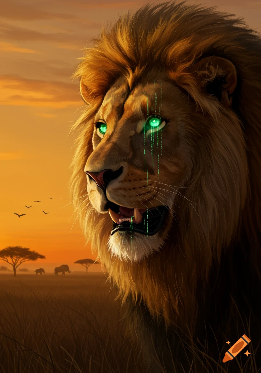 A majestic lion with glowing green, matrix-code eyes stands in an African savanna at sunset.