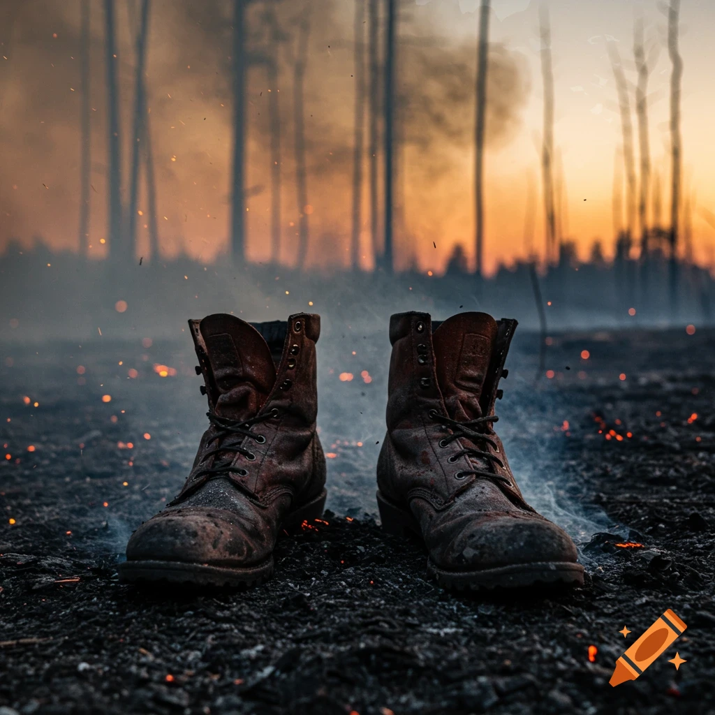 Worn boots stand on smoking ash in a burnt forest with embers, silhouetted by a fiery sunset sky. Photorealistic.
