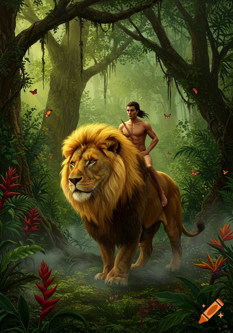 A shirtless man with dark hair rides a majestic lion through a vibrant, lush green jungle with butterflies and exotic flowers, in a digital illustration.