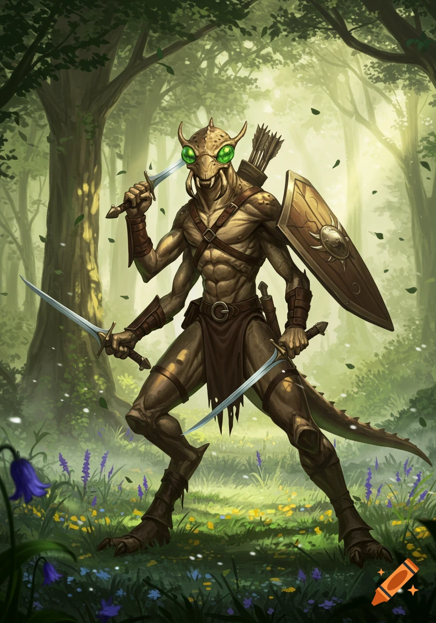 A four-armed, green-eyed insectoid Thri-Kreen ranger holding four swords and a shield, standing in a lush green forest.