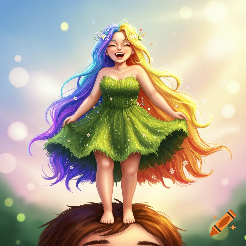 A cheerful woman with long, flowing rainbow hair and a green grass dress stands laughing on a person's head in a bright, whimsical illustration.