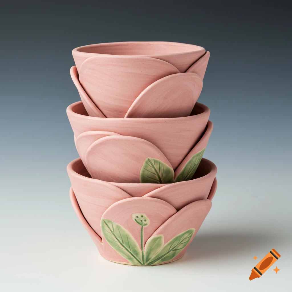 Stack of three pink ceramic pots shaped like a flower with green leaf accents, on a light background.