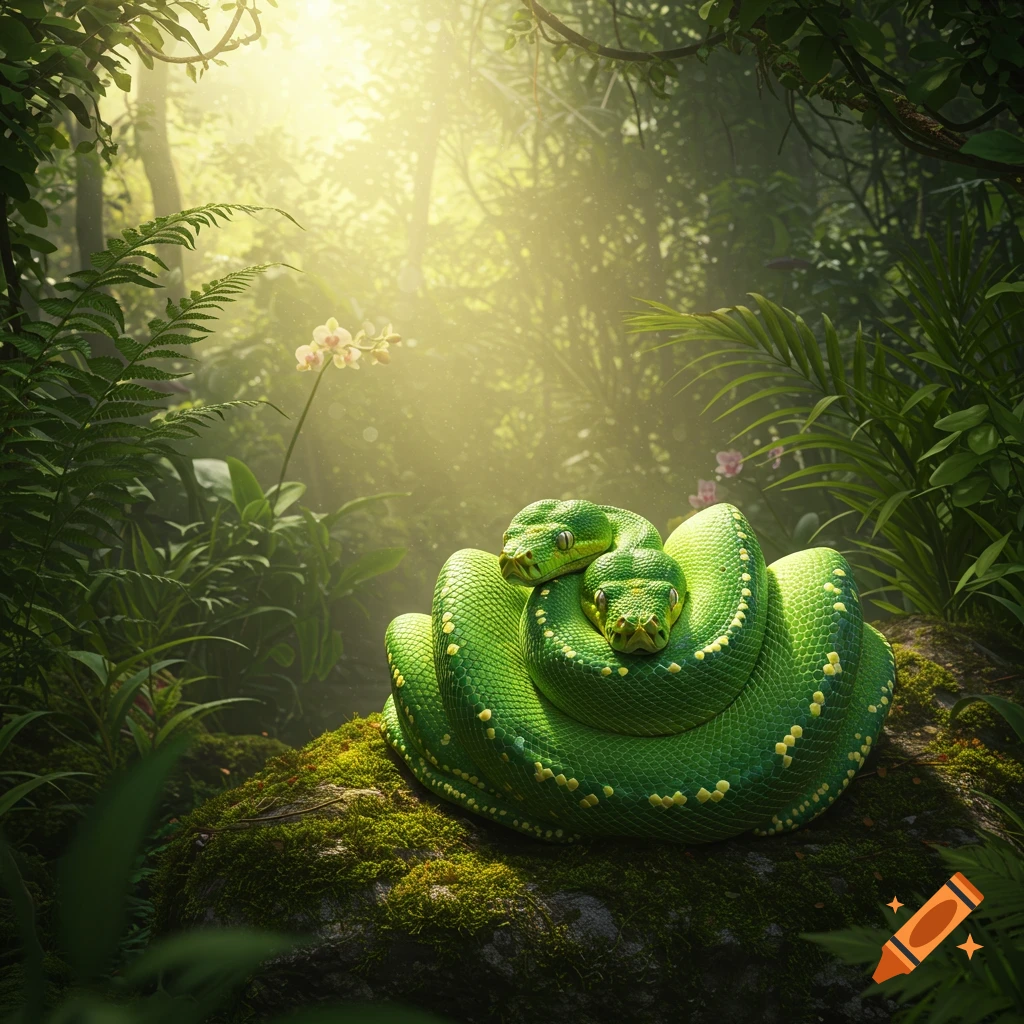 Two vibrant green snakes coiled on a mossy rock in a sun-dappled, lush jungle.