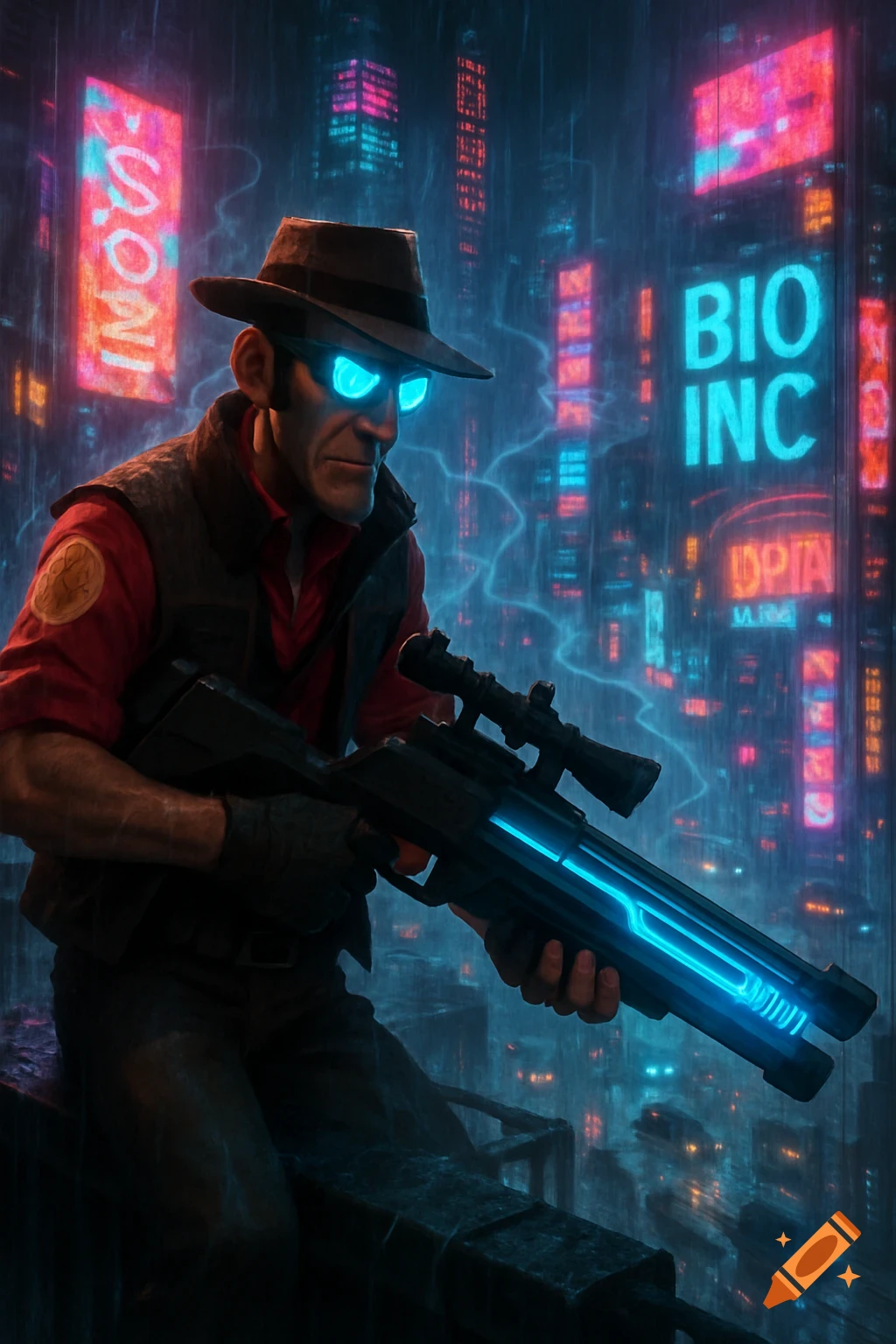 TF2's Sniper in a cyberpunk city at night, wearing a hat and glowing blue glasses, holding a futuristic glowing rifle. Neon signs illuminate the rainy background.