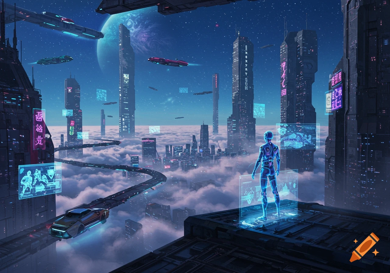 A neon-lit futuristic city with towering skyscrapers, flying cars, and a glowing blue robot overlooking a cloud-filled expanse.