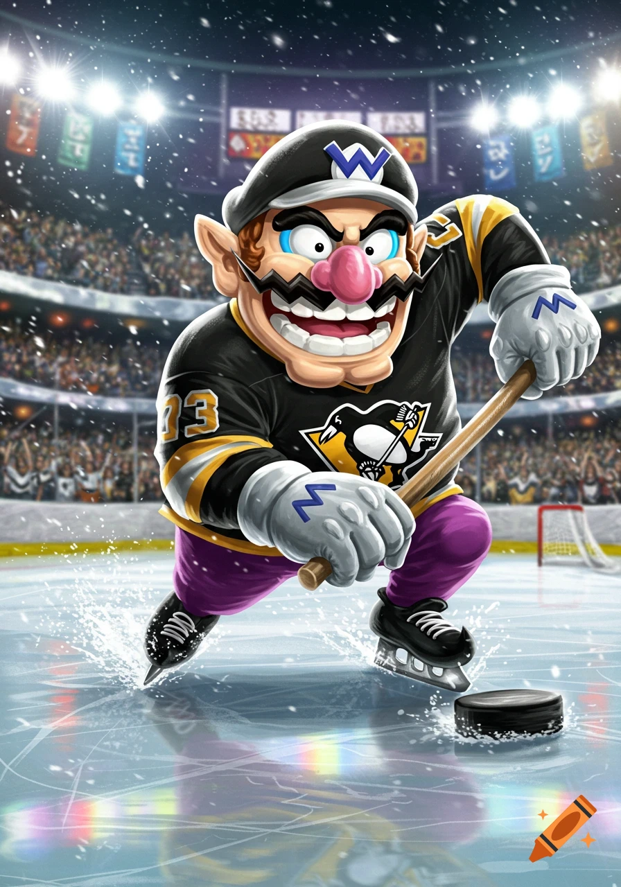 Wario from Nintendo aggressively skates on ice, holding a hockey stick, wearing a black and gold Pittsburgh Penguins jersey, hat, and purple pants in a brightly lit hockey arena.