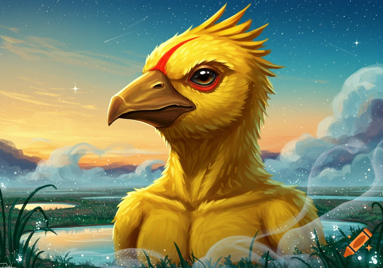 A stylized digital painting of a yellow bird-like humanoid with a red stripe, standing in a wetland landscape under a starry, twilight sky.