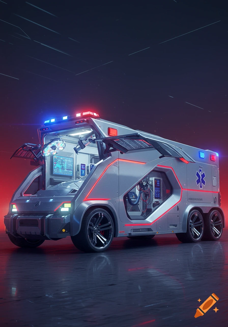 A sleek, futuristic silver ambulance with red and blue lights, open side panels revealing a high-tech medical bay, against a dark, glowing background.