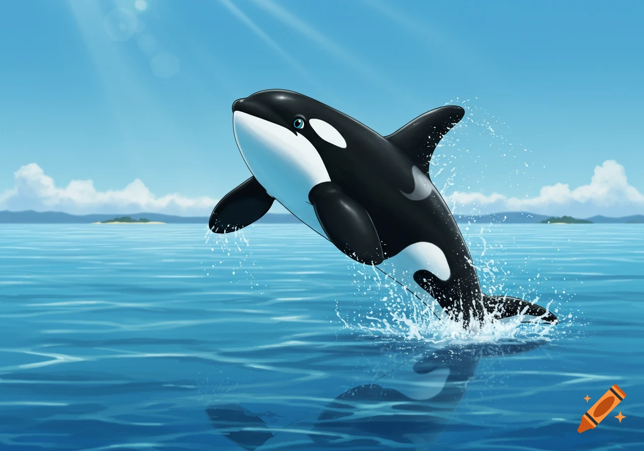 A cartoon orca in amblimation style jumps out of blue ocean water under a  clear sky. on Craiyon, image size:1280x896