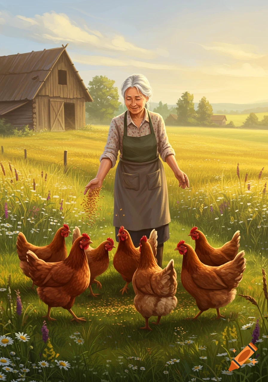 An elderly woman in an apron feeds chickens in a sunny rural field with a barn, in a vibrant painterly style.