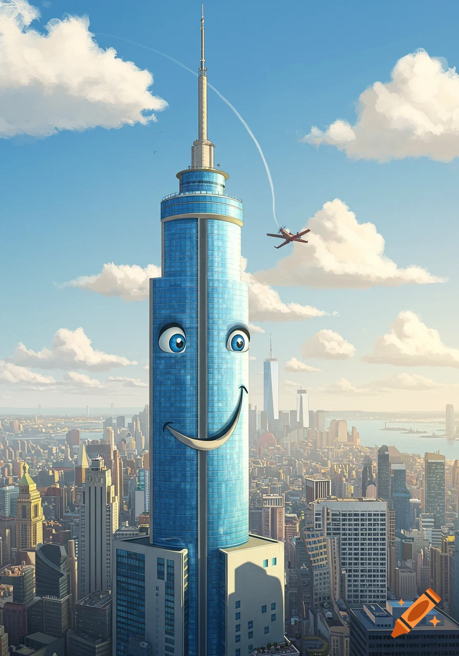 A tall blue skyscraper with a cartoon face smiles up at a small red plane flying over a city against a blue sky with clouds.