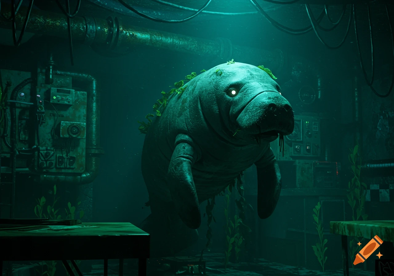 A creepy, glowing-eyed manatee animatronic covered in algae floats in a dark, murky underwater industrial setting.