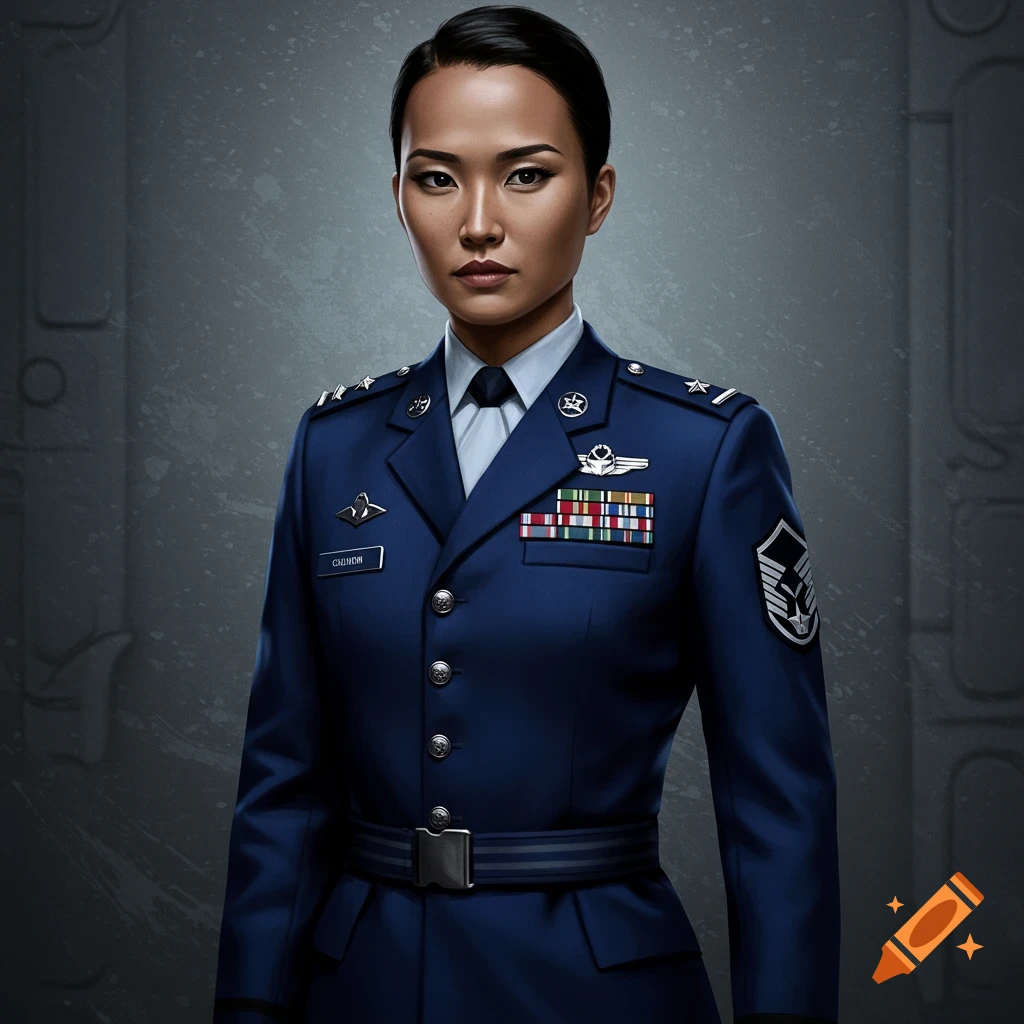 A stoic Half Asian half African woman in a detailed blue military uniform with medals and insignia, against a textured gray background, in a photorealistic style.