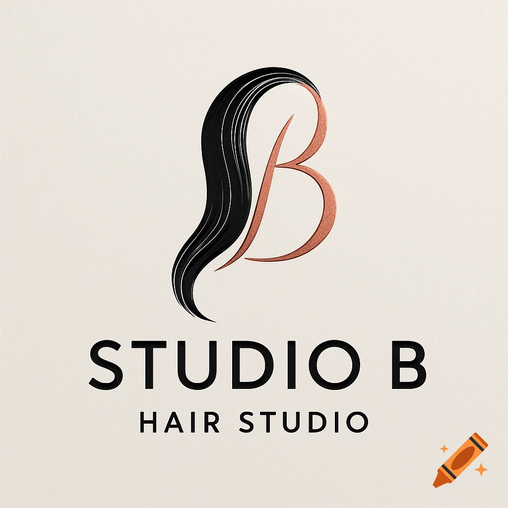 Logo for Studio B Hair Studio featuring a stylized B and flowing black hair design on a light background.