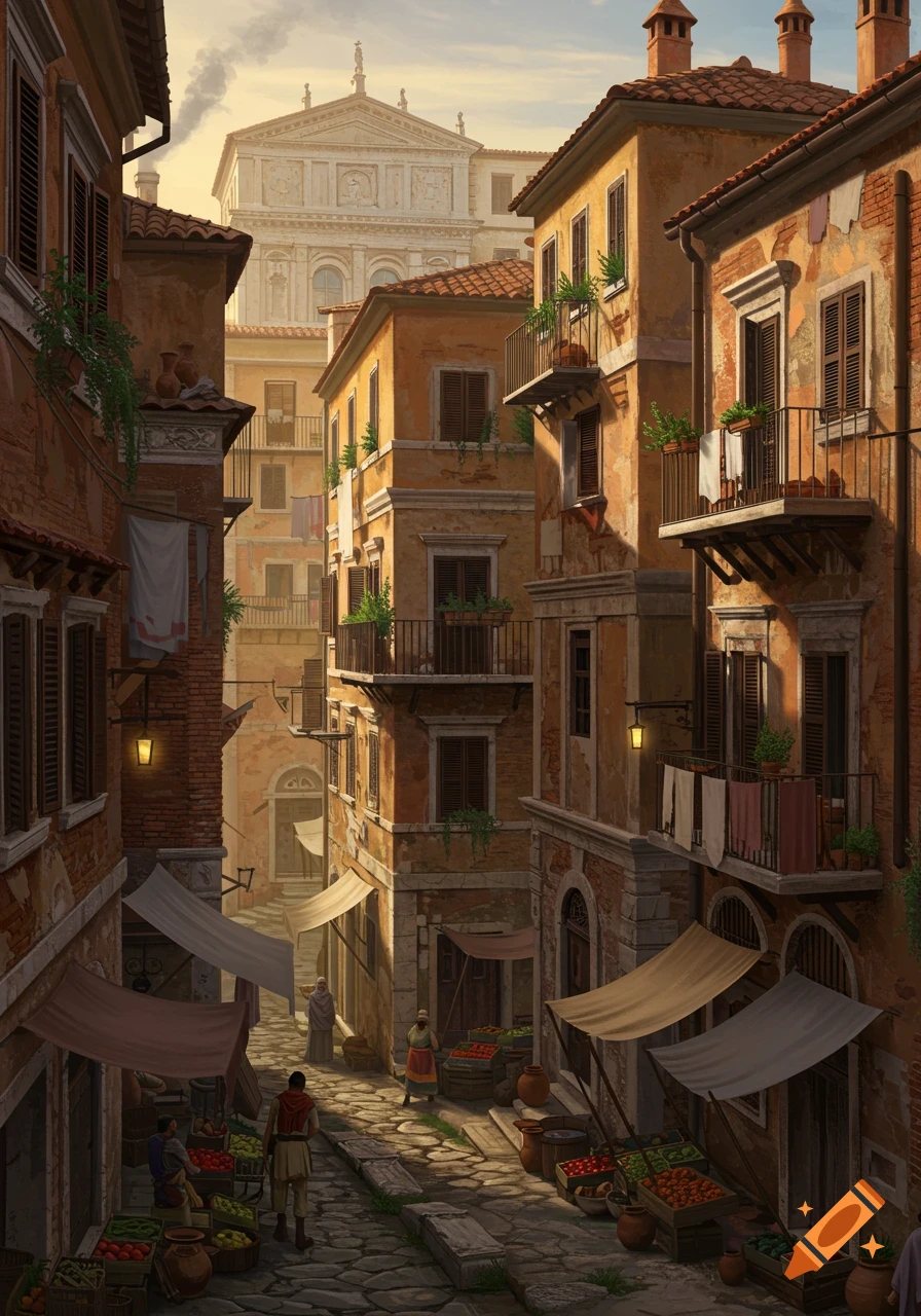 Illustrated Roman marketplace scene with multi-story apartment buildings, market stalls, and people on a cobblestone street.