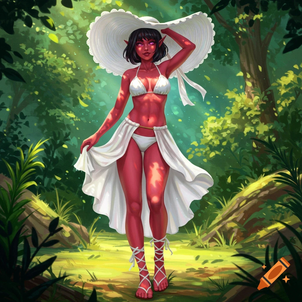 A red-skinned female elf in a white bikini and sun hat stands in a sun-dappled forest.