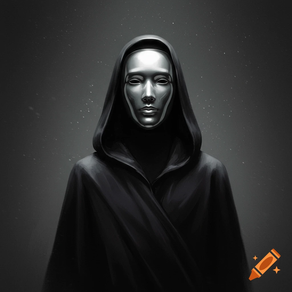 Mysterious figure in a sleek silver mask and dark hooded cloak on a gray, subtly speckled background. Dramatic lighting.