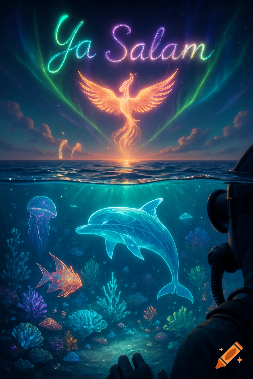 Glowing 'Ya Salam' and phoenix above ocean; diver sees bioluminescent dolphin, jellyfish, and coral underwater. Fantasy digital art.