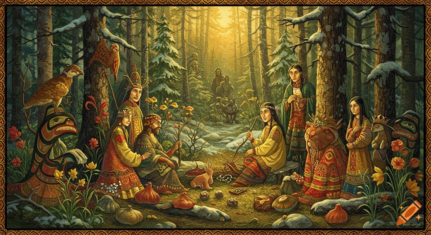 A colorful, quilt-style painting depicts a forest gathering with people and anthropomorphic animals in traditional Russian and Salish-inspired attire, surrounded by fantastic flora and fauna, under a golden, sunlit canopy.