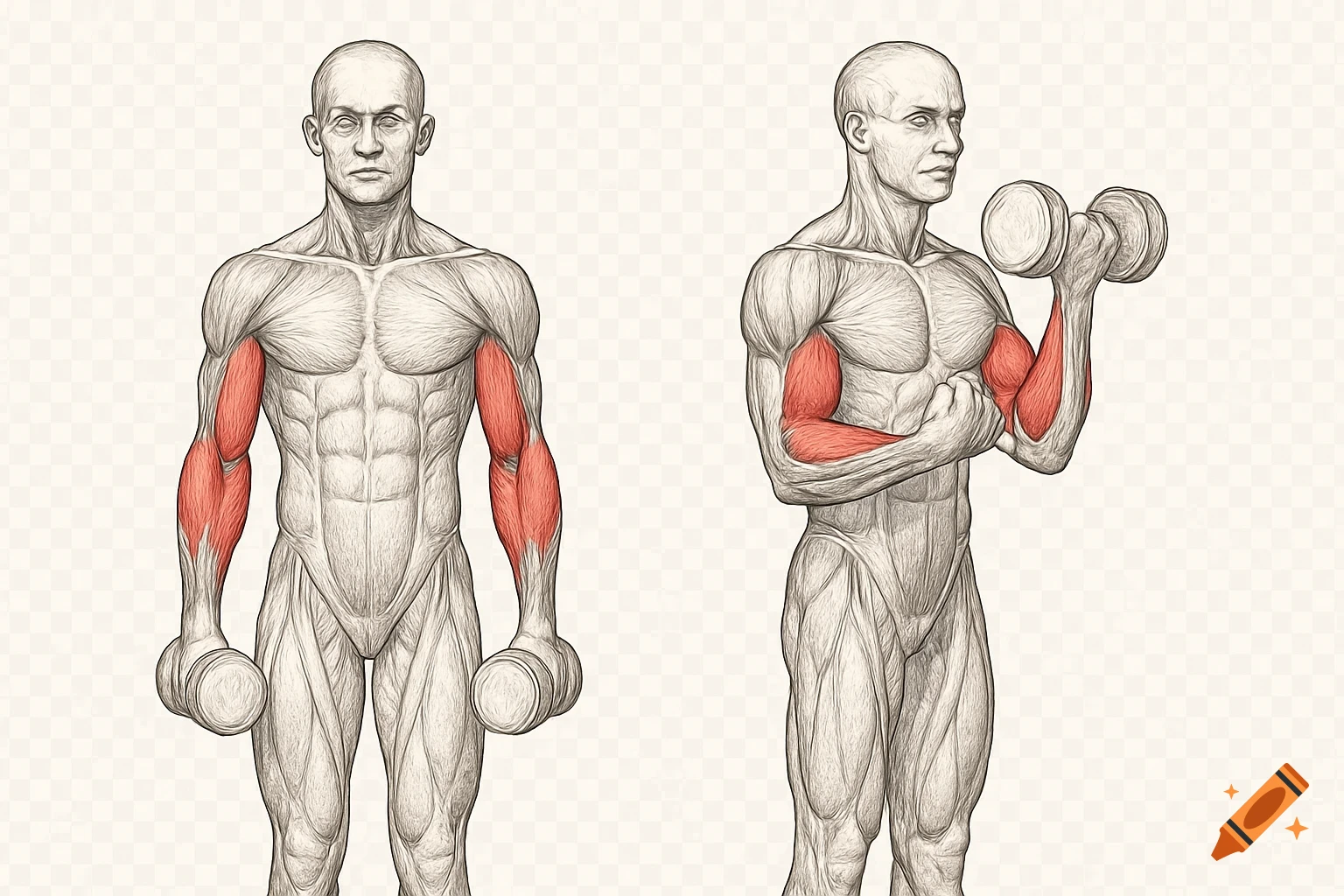 Anatomical illustration of a person performing dumbbell hammer curls, showing both the start and curl positions. Biceps and forearms are highlighted in red.