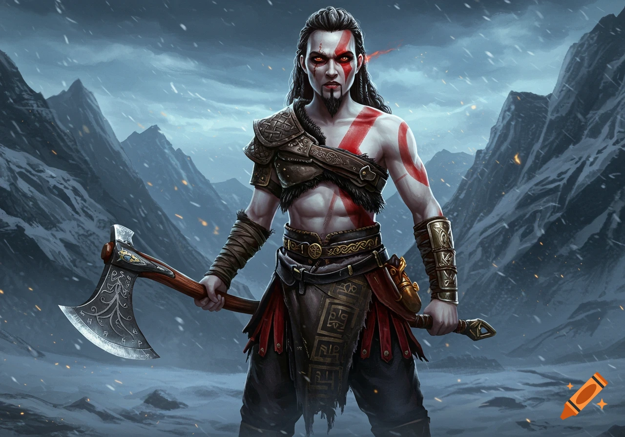 A fierce, muscular warrior with long dark hair, red face paint, and a large axe stands in a snowy mountain landscape.