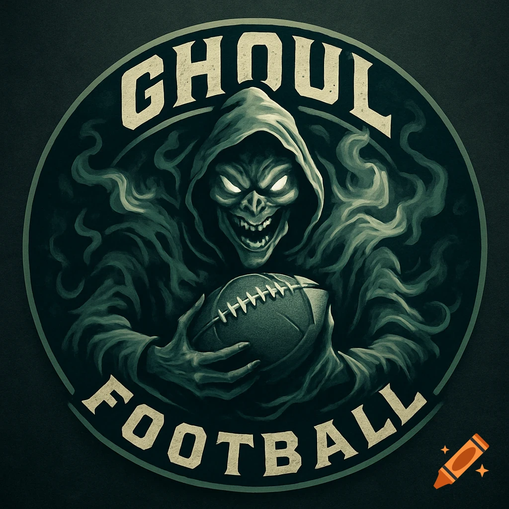 Stylized circular logo featuring a grinning ghoul with glowing eyes holding a football, with 'GHOUL FOOTBALL' text.