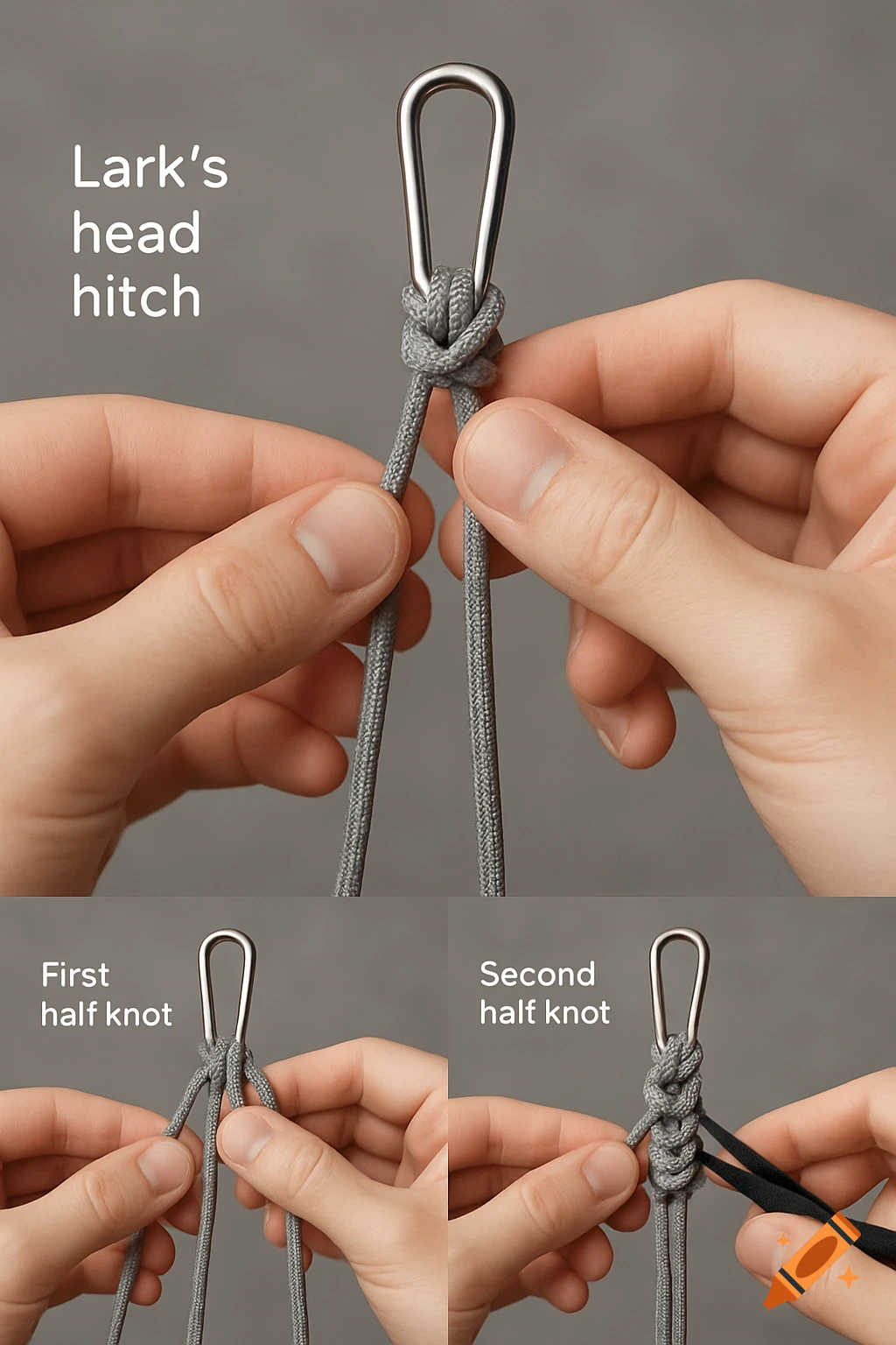 A three-panel guide showing hands tying a grey rope to a metal hook. The panels show a Lark's head hitch, a first half knot, and a second half knot.