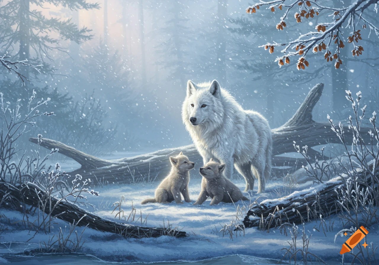 A white wolf and two cubs stand in a snowy winter forest with fallen logs and frosted branches. The scene is soft and serene.
