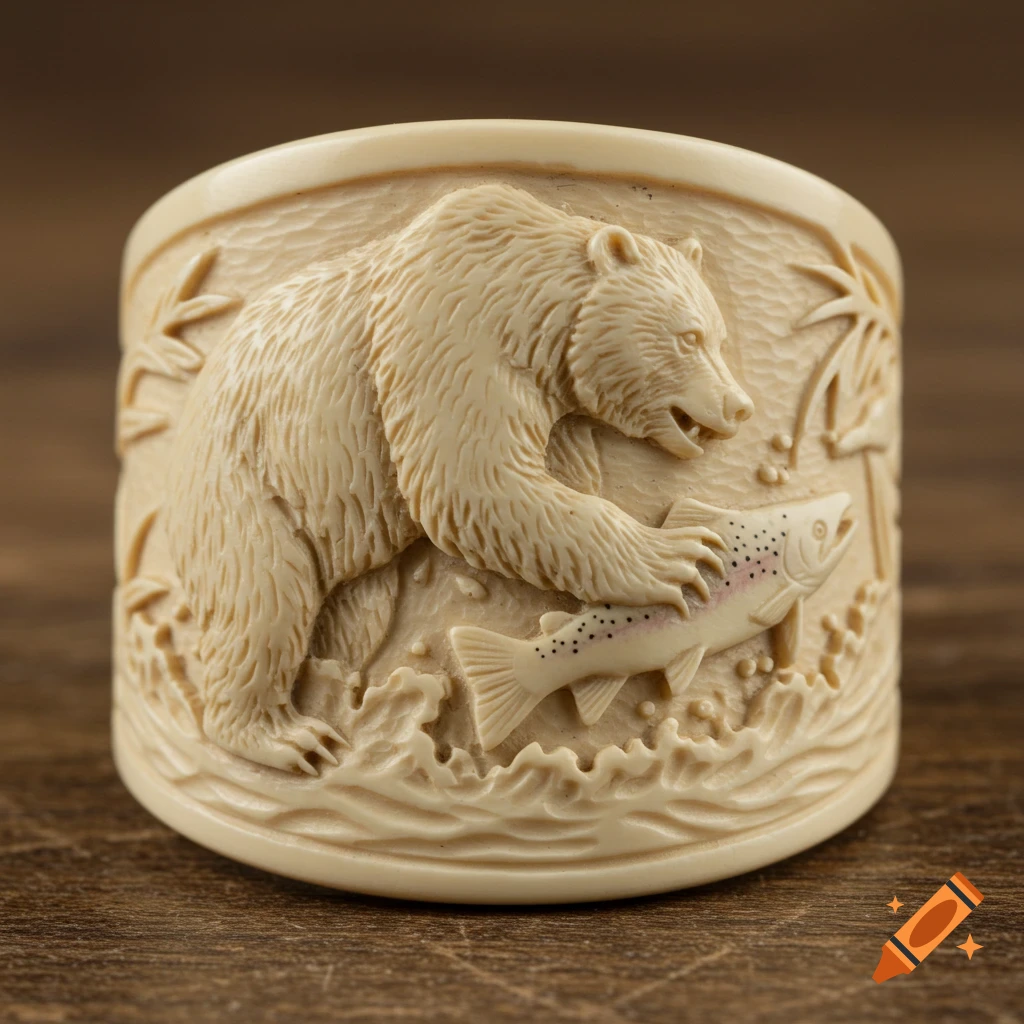 A detailed ivory carving of a bear catching a salmon from water, presented on a wooden surface.