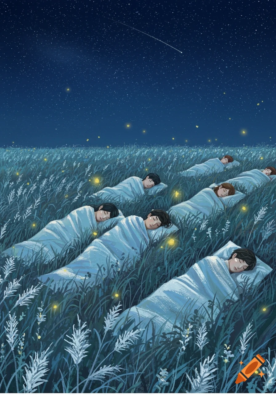 Illustrative scene of multiple people sleeping wrapped in blankets in a field under a starry night sky with fireflies and a shooting star.