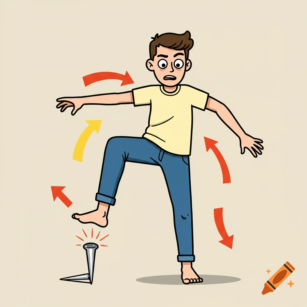 Cartoon man reacts in surprise, lifting his bare foot above a bent nail with movement arrows.