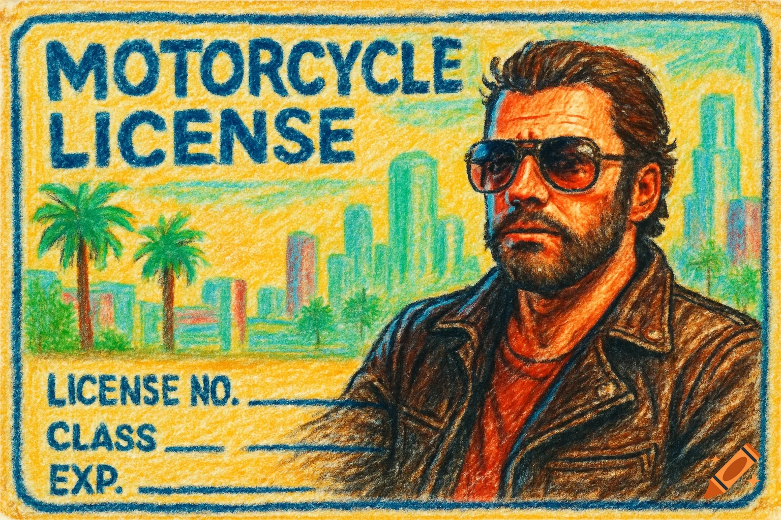 Crayon drawing of a motorcycle license with a rugged man in sunglasses and a cityscape background.