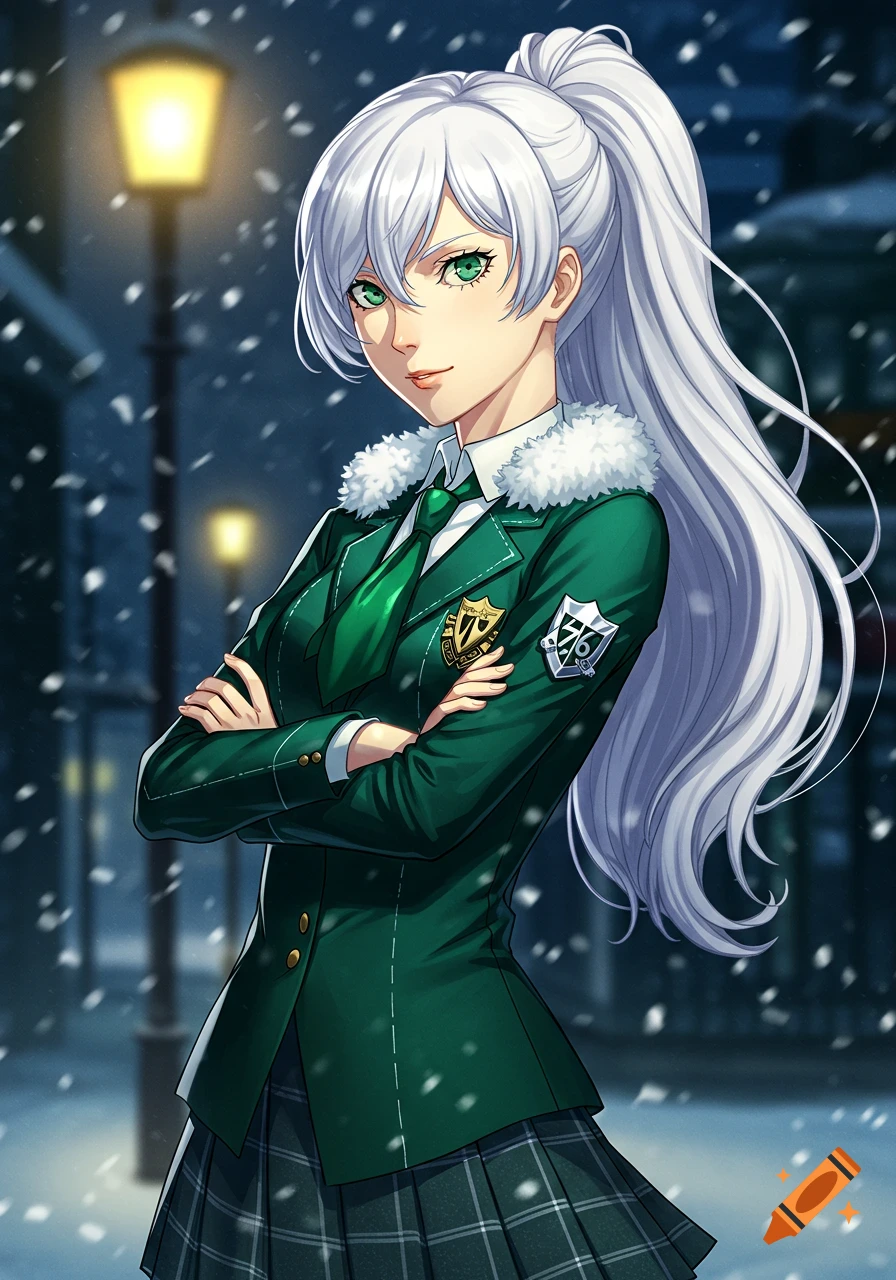 Anime girl with white hair in a ponytail and green eyes, wearing a green school uniform blazer and pleated skirt, standing in falling snow at night.