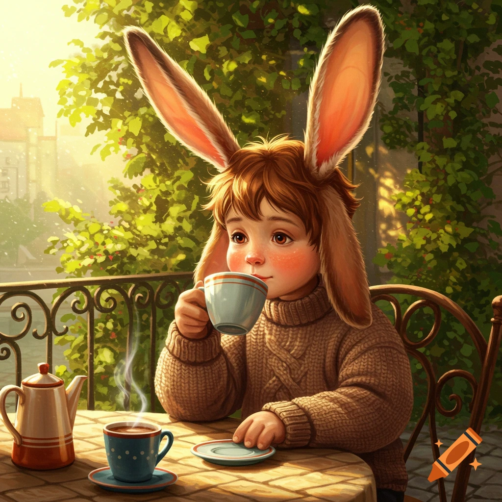 An illustrated child with long rabbit ears sips from a cup at an outdoor table, bathed in warm sunlight.