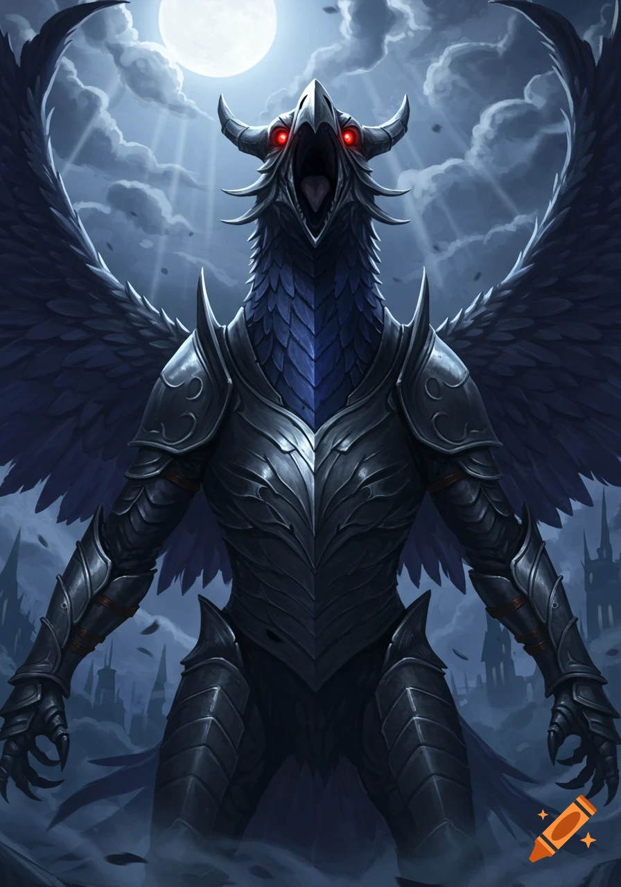 Front-facing armored Corviknight with red eyes and horns, standing under a full moon in a dark, cloudy sky with a gothic city background.