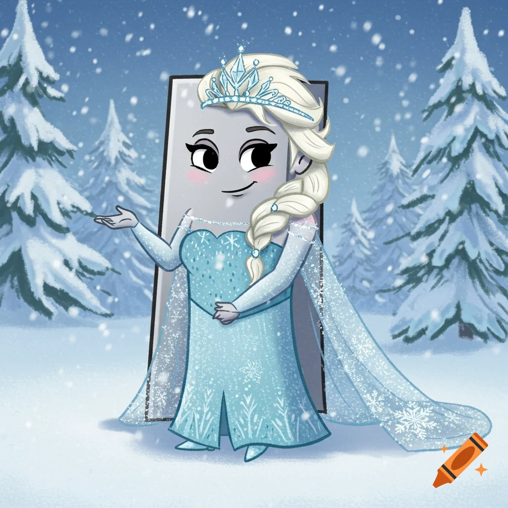 A cartoon Clippy, styled as Elsa, stands in a snowy forest surrounded by snow-covered pine trees.