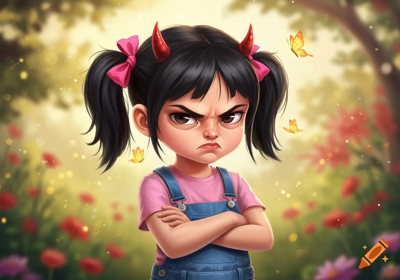 A grumpy cartoon girl with red devil horns, black pigtails, pink bows, and denim overalls, arms crossed, in a sunny garden.