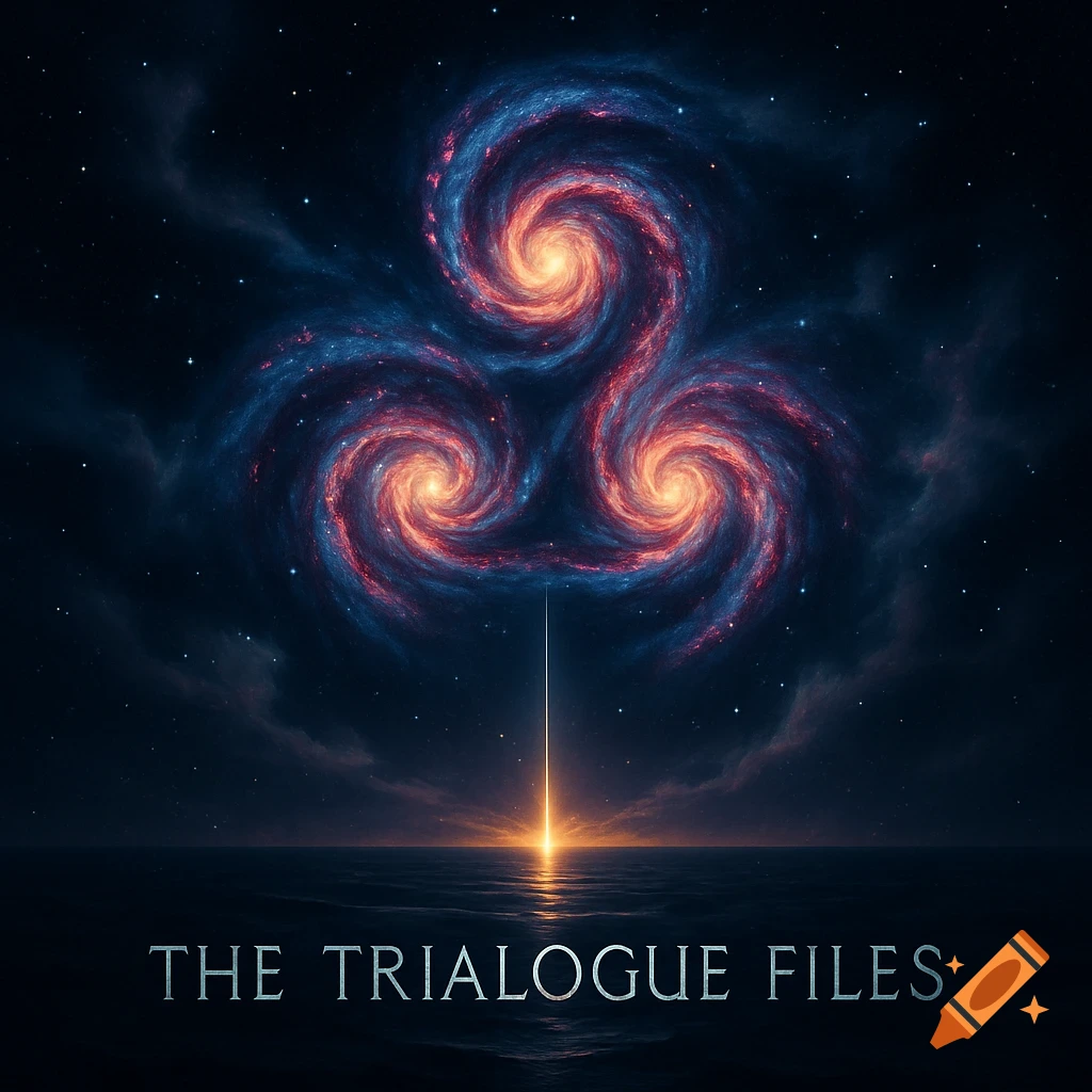 A cosmic scene with three swirling galaxies forming a triskelion, a light beam rising from an ocean, and 'THE TRIALOGUE FILES' text.