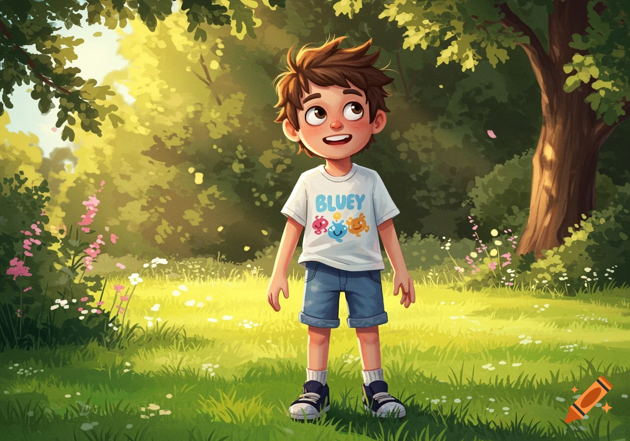 A cartoon boy with a "Bluey" shirt, blue shorts, and sneakers stands in a sunny, green park, looking up.