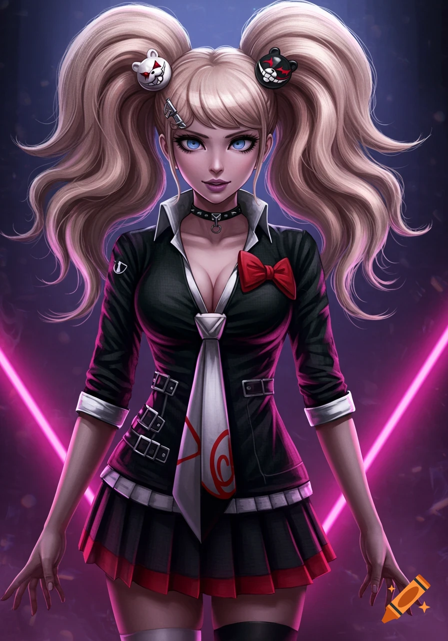 Junko Enoshima with blonde pigtails, a black jacket, red bow, and pleated skirt, standing against a neon pink background in a digital art style.