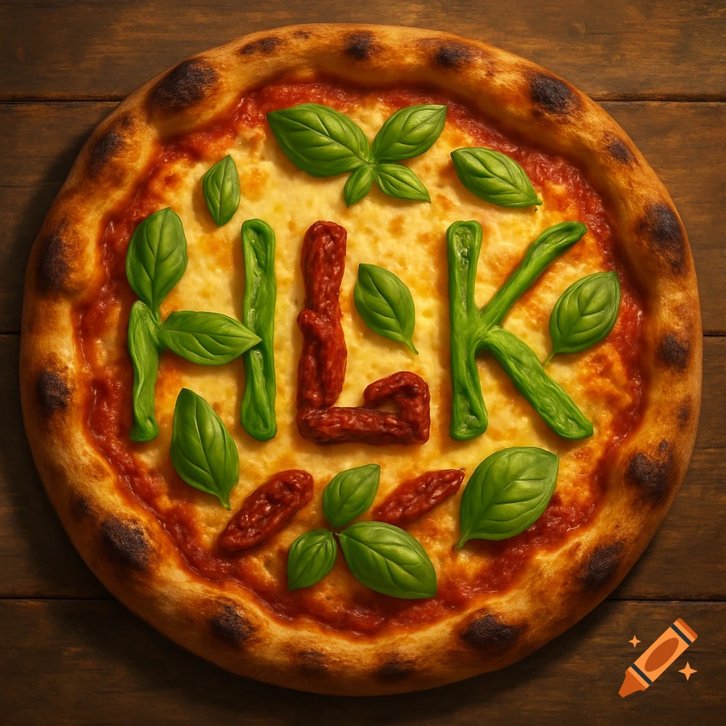 A top-down view of a delicious-looking pizza with the letters "HLK" formed by green and red toppings on a wooden table, photorealistic.