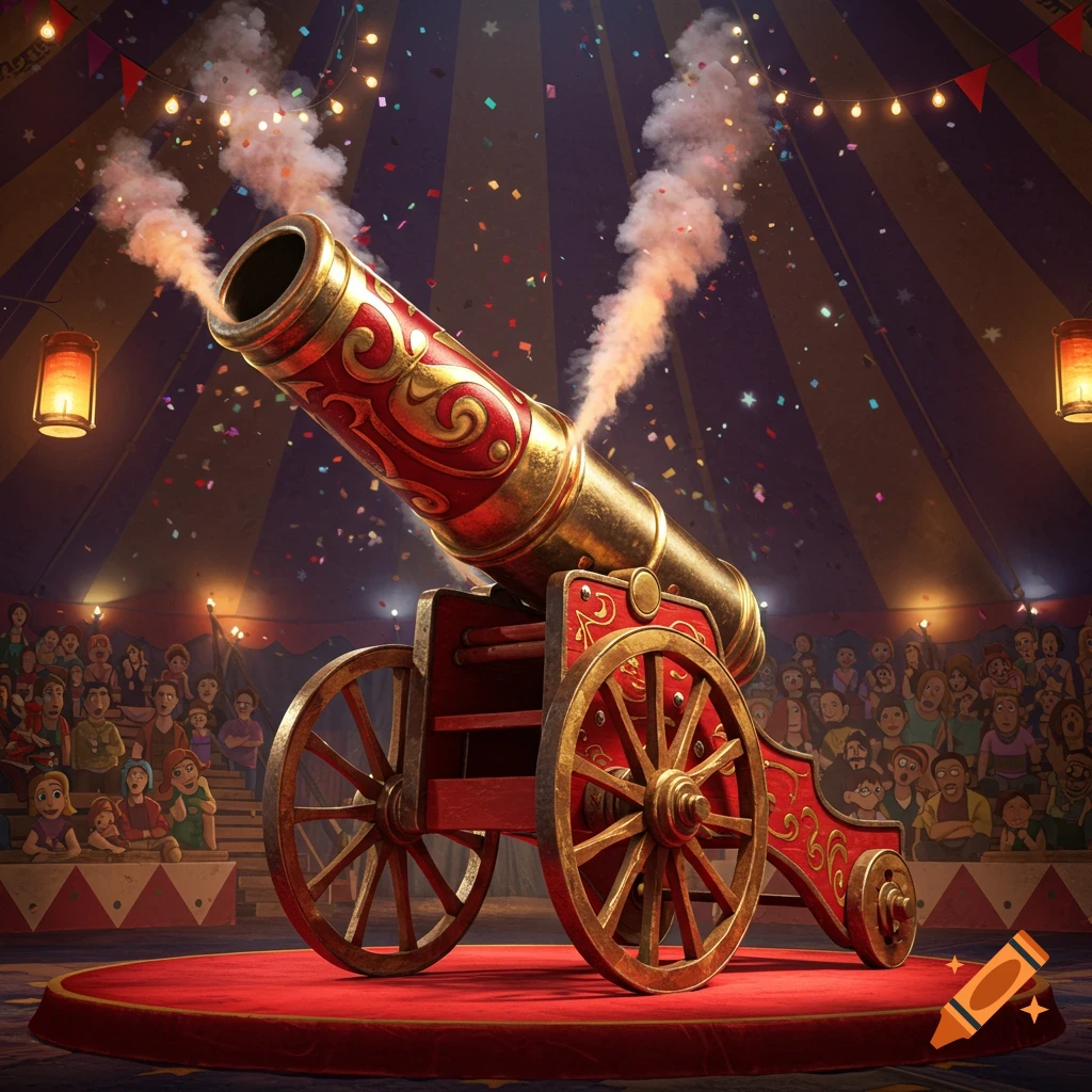 A red and gold circus cannon on a stage in a striped tent, emitting smoke and confetti with a cartoon audience in the background.