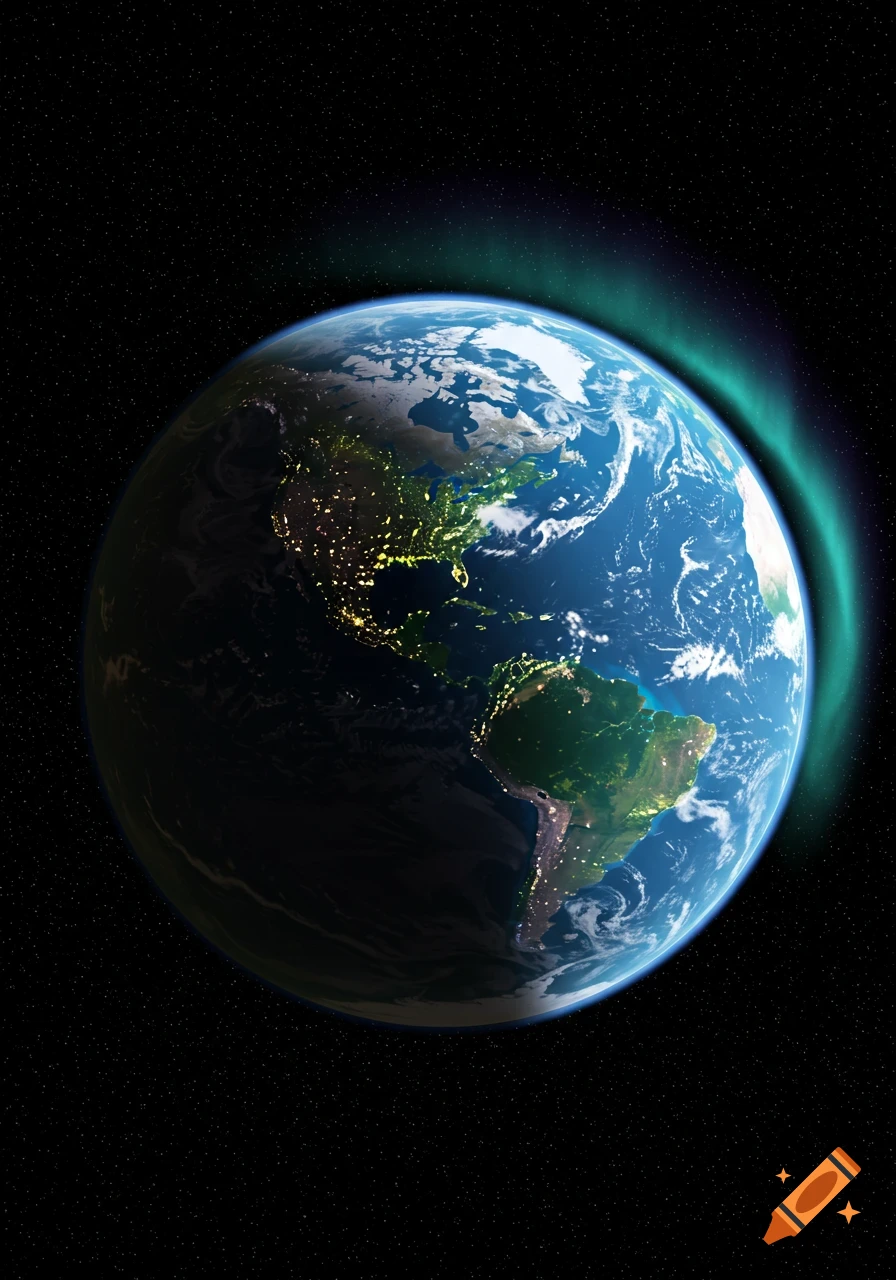 Photorealistic view of planet Earth from space showing North and South America with city lights and an aurora.