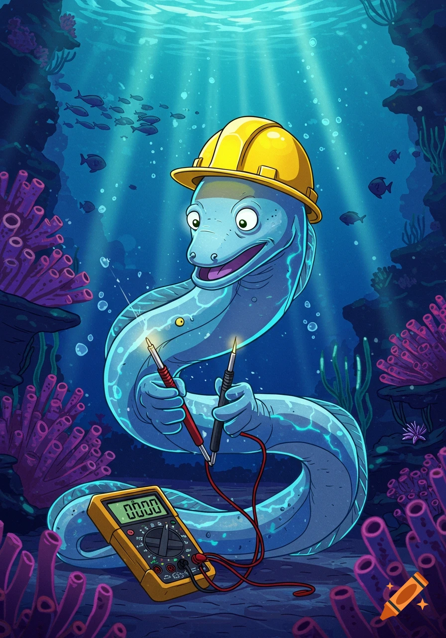 Cartoon electric eel with a hard hat, holding multimeter probes, next to a multimeter on the vibrant ocean floor.