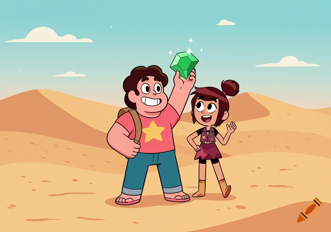 Steven Universe and Molly McGee stand in a desert, with Steven holding a glowing green gem aloft as Molly looks on in amazement in a cartoon style.