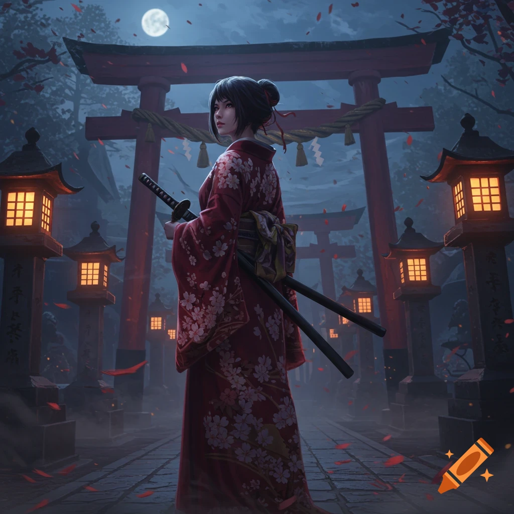 A woman in a red kimono with a katana stands on a stone path by lanterns and torii gates under a full moon at night, in a fantasy art style.