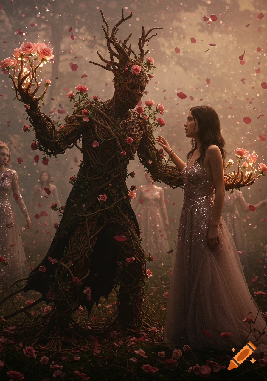 A woman in a sparkling dress gently touches a large, humanoid creature made of vines and roses in a misty forest filled with falling petals.