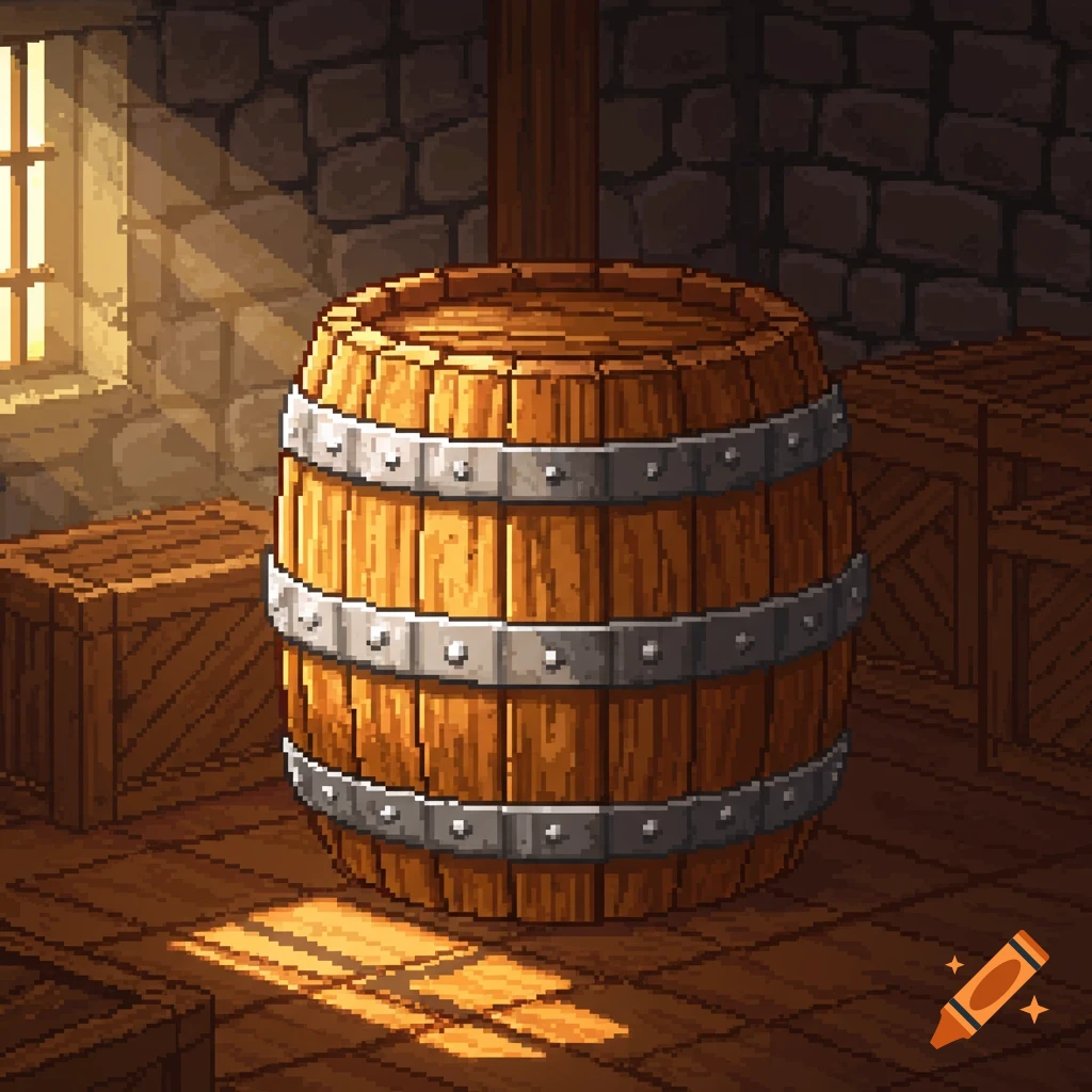 Pixel art of a large wooden barrel in a stone cellar, with sunlight from a window illuminating the wooden floor.