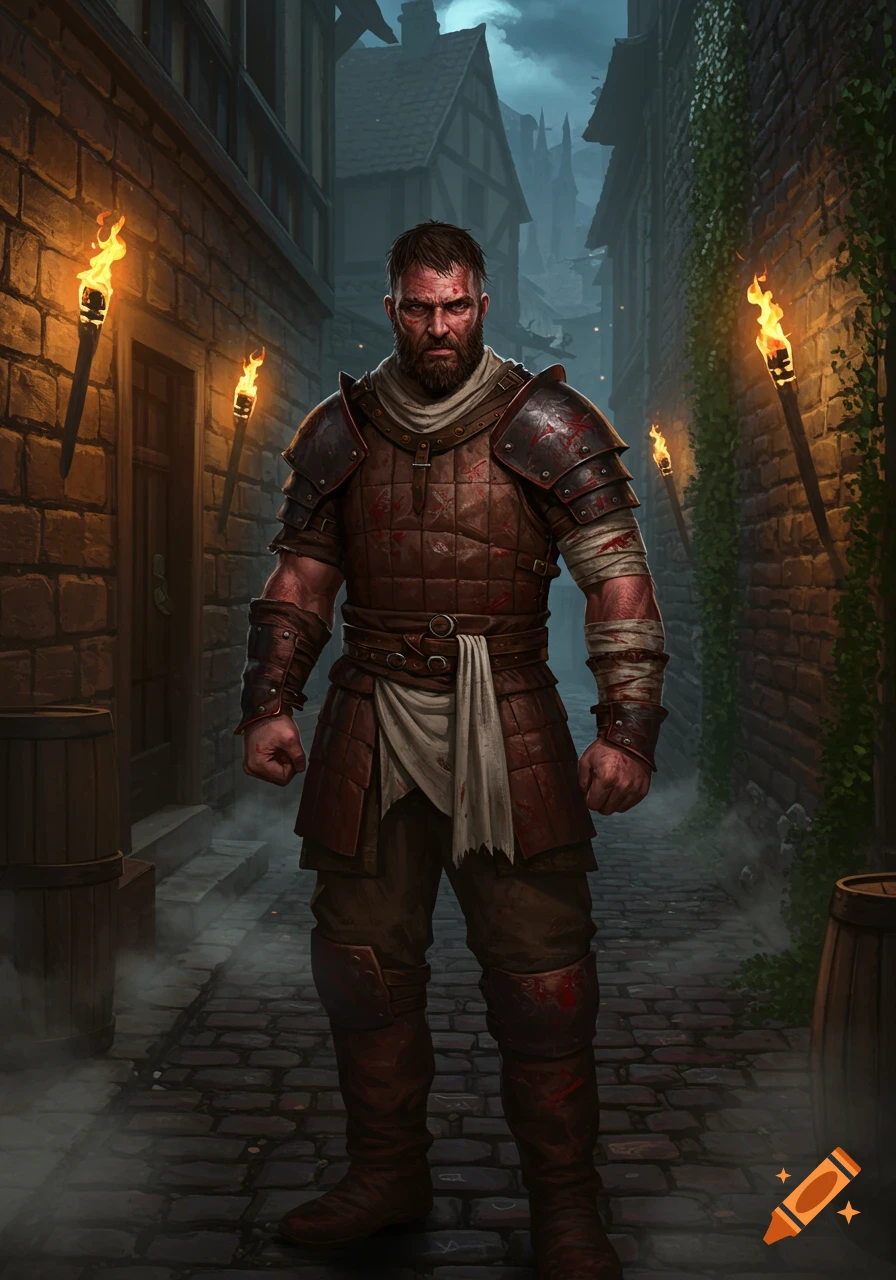 A rugged medieval man in leather armor, with blood splatters and bandages, stands in a dark, torch-lit alleyway.